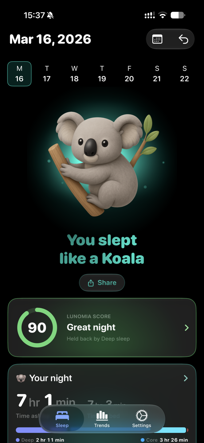 Lunomia nightly report showing the koala sleep animal, a Lunomia Score of 90 and the deep, core and REM breakdown