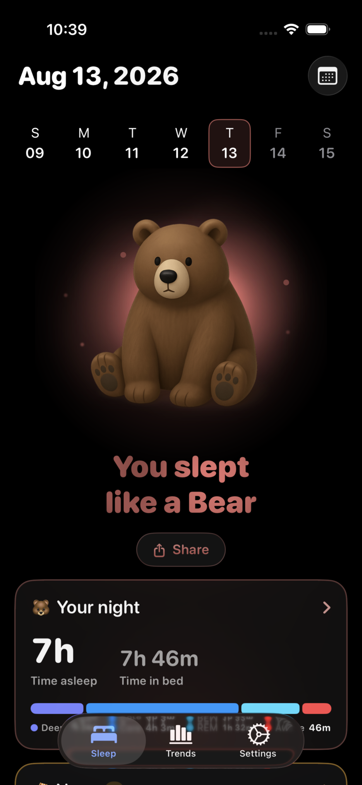 Lunomia daily view showing the bear sleep animal, time asleep, time in bed and a deep, core, REM and awake stage breakdown